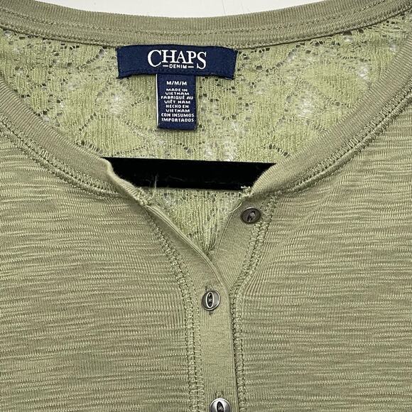 Chaps Henley Long Sleeve Top 1/2 Button Up Lace Shoulder Detail Heather Green M - Picture 7 of 10